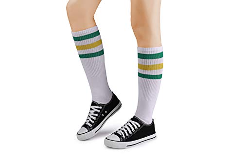 Knee High Tube Socks - Over the Calf Retro Socks - One Size White/Green/Yellow