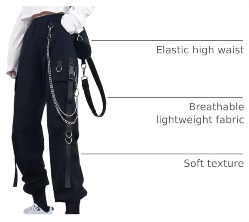 Women's Wide Leg Cargo Pants with Elastic Waist and Chain