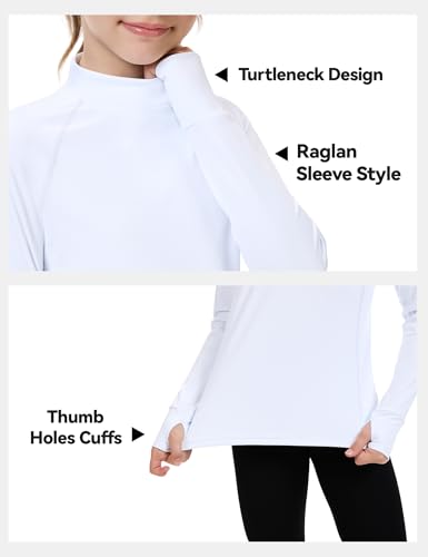 HASMES Girls Long Sleeve Turtleneck Shirt - Kids Athletic Top, 7-8 Years, White