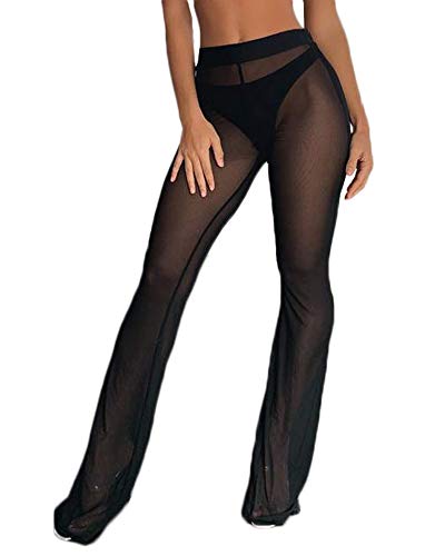 Women Black Ruffle Sheer Mesh Bikini Bottom Swimsuit Cover-up Small