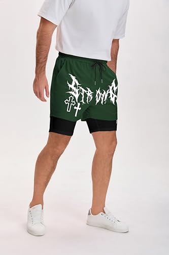 QJQ Men's Green 2-in-1 Goth Graphic Shorts - Medium, Elastic Waist, Summer Casual Workout