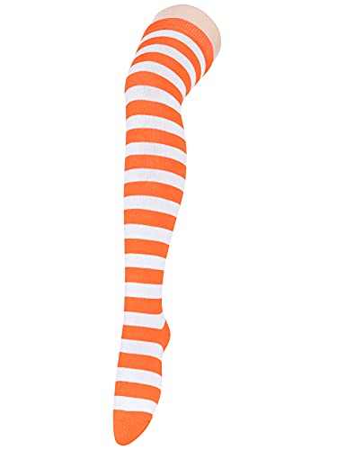 Thigh High Striped Socks - Extra Long Tube for Women - One Size Orange/White