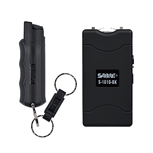 SABRE Pepper Spray And 2-in-1 Stun Gun and Flashlight, 25 Bursts of Max Strength OC Spray, Intuitive Finger Grip, 0.54 fl oz, Painful 1.160 ?C Charge, 120 Lumens, Rechargeable, Safety Switch, Holster