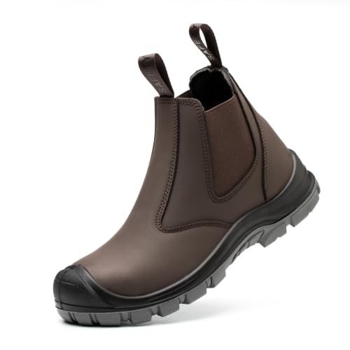 TAERDUN 6" Steel Toe Slip-On Chelsea Work Boots for Men, 11.5 X-Wide Women / 10 Wide Men, 414 Brown