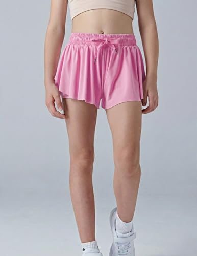 Flowy Athletic Butterfly Shorts for Girls - 2-in-1 with Pockets, Large, Pink/White/Black