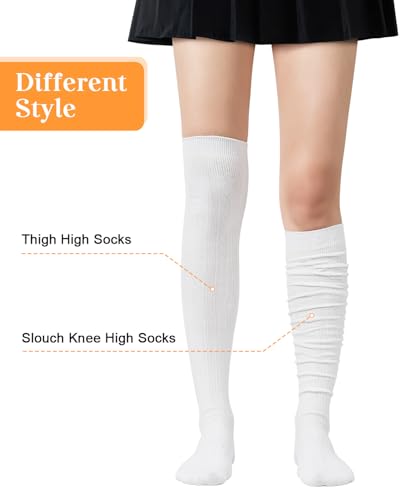 Thigh High Socks for Women - Striped Over Knee High Stockings - Pure White