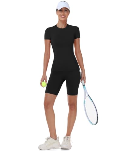 Runhit Women’s Short Sleeve Compression Gym Shirt, Black, Small, Moisture-Wicking UPF50+