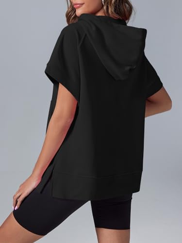 Fisoew Womens Oversized Half Zip Hoodies Short Sleeve Casual Sweatshirt with Pockets