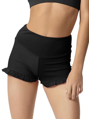 Girls High Waisted Athletic Yoga Shorts - Ruffle Biker Dance Shorts - Black Small