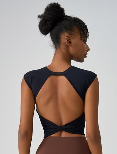 ABOCIW Women’s Twist-Back Built-In Bra Crop Top Black Small – Yoga & Pilates Gym Top
