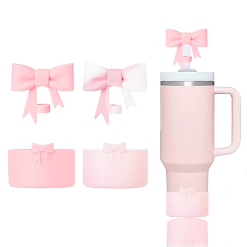 Silicone Bow Straw Covers & Boots Set for Stanley Cups - Bling Pink & Pink