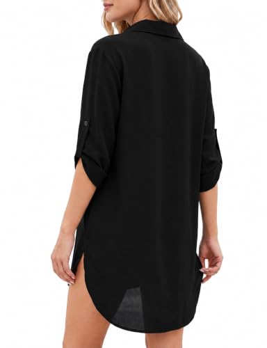 V-Neck Beach Cover Up Shirt Dress - 3/4 Sleeve Asymmetrical - Black, Large