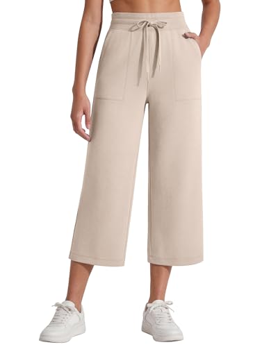 G4Free Smoofit Wide Leg Capris for Women High Waist Summer Casual Pants with Pockets - Light Khaki / Medium