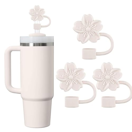 Rokhevn White Flower Silicone Straw Cover for Stanley 30Oz & 40Oz Tumblers, 9-10mm Diameter, Dust-Proof & Splash-Proof