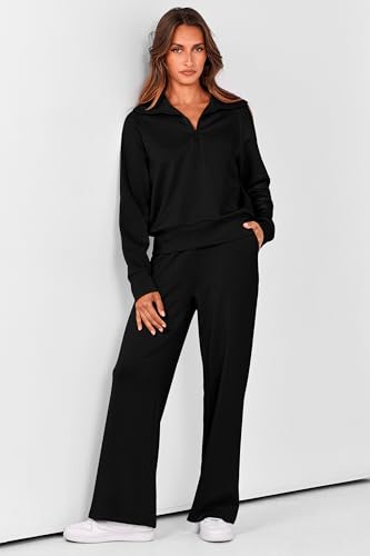 Women's 2 Piece Matching Lounge Set - Zip Up Sweatshirt, Wide Leg Pants - Medium Black