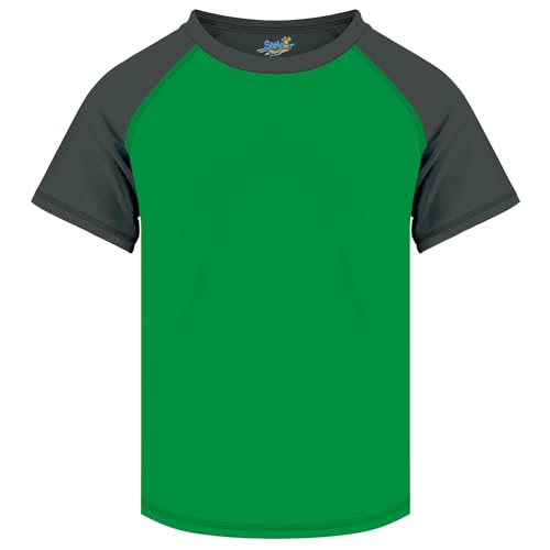 Boys Rash Guard Swim Shirt - Short Sleeve UPF 50, 10-12 Years - Green Gray