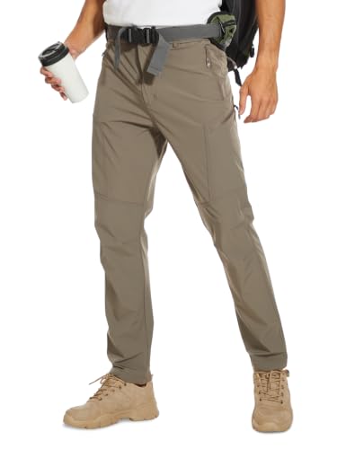 Men's Water-Resistant Hiking Pants - Lightweight Travel Pants, Khaki Grey, 34W x 30L, Belt Included