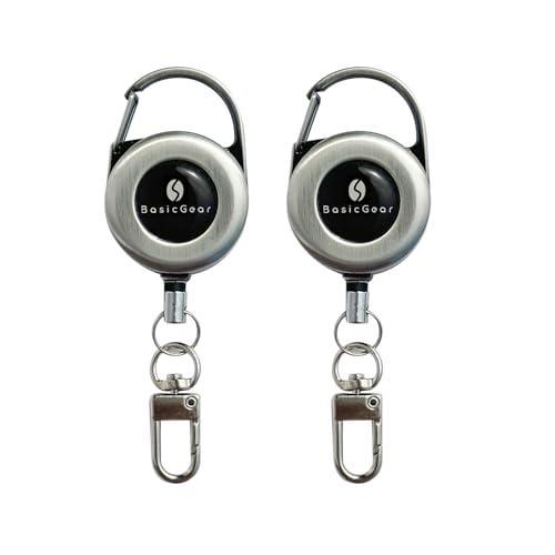 Retractable Keychain 2-Pack - Heavy-Duty Brushed Metal Silver