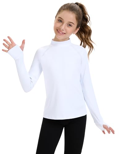 HASMES Girls Long Sleeve Turtleneck Shirt - Kids Athletic Top, 7-8 Years, White