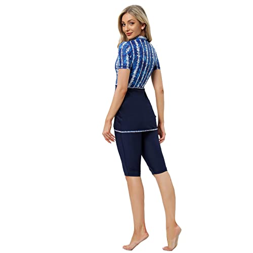FYMNSI Medium Blue Muslim Burkini 3-Piece Swimwear Rash Guard Top Pants Hijab
