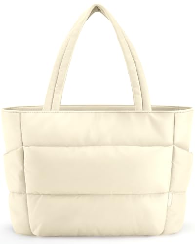 HOTOR Women's Puffer Tote Bag with Multi-Pockets, Zippered, Beige, 18.1 x 6.3 x 11.8 inches
