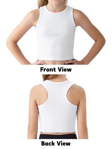 Girls Athletic Ribbed Tank Top - Sleeveless Crop Top for Yoga - White 9-10Y