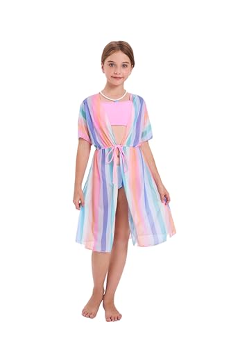 Kids Girls Bikini Set 3-Piece Swimsuit with Multicolor Stripes & Quick Dry Cover-up