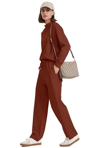 WIHOLL Two-Piece Lounge Set for Women, Caramel – Mock Neck Top & Wide-Leg Pants