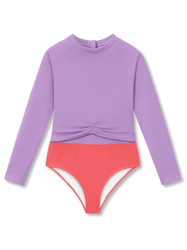 Long Sleeve Girls One Piece Rash Guard Swimsuit - Purple & Orange, Size 6X-16