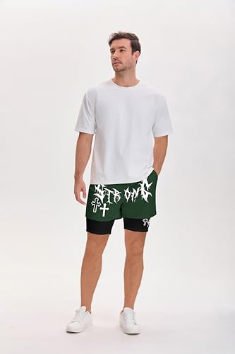 QJQ Men's Green 2-in-1 Goth Graphic Shorts - Medium, Elastic Waist, Summer Casual Workout