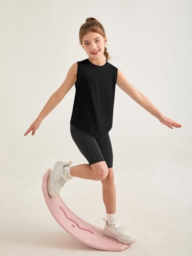 Girls Athletic Tank Top - Sleeveless Yoga & Tennis Shirt - Black, 9-10 Years