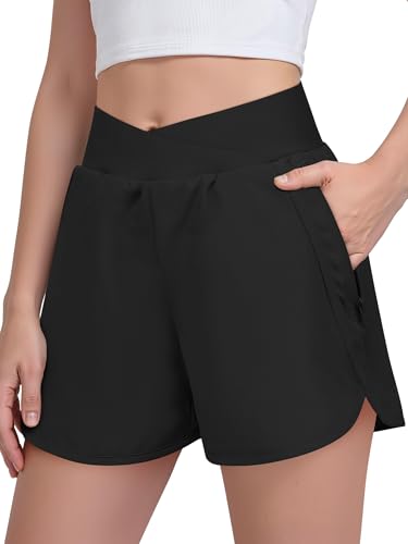 Girls High Waisted Athletic Shorts with Zipper Pockets - Black, 13-14 Years