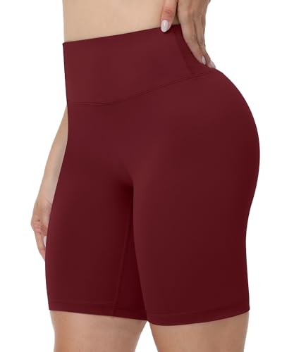 High Waisted Biker Shorts for Women - 8-Inch Inseam, Wine Red
