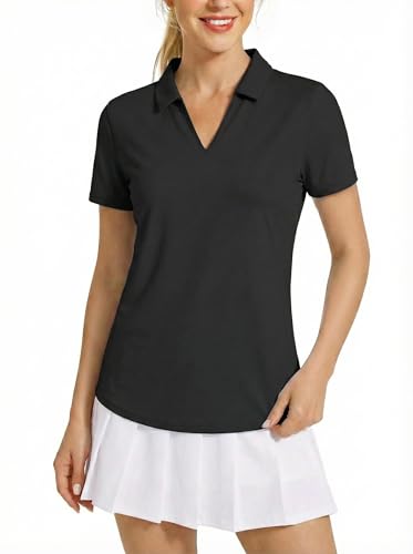 Quick Dry Women's Polo Shirt - Short Sleeve, UPF 50+, Large Black