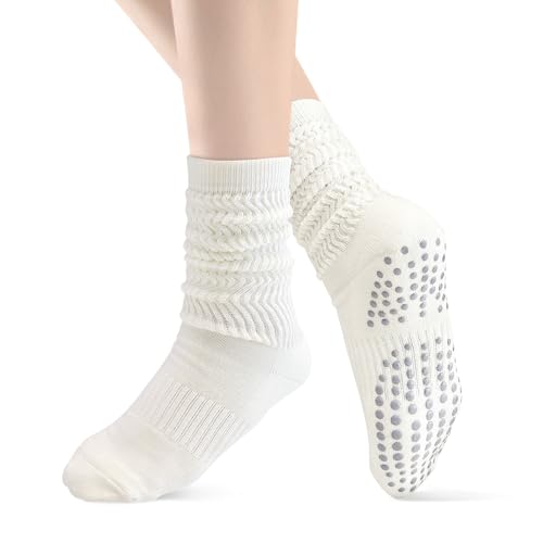 Non-Slip Grip Slouchy Scrunch Socks for Yoga & Pilates - Size 6-12 White
