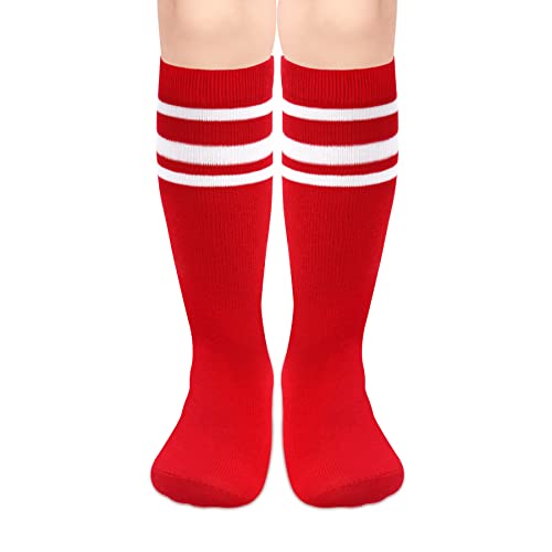 Toddler Soccer Socks - Knee High Striped Socks for Ages 3-6 - Red/White