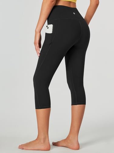 High Waisted Capri Leggings with Pockets for Women - Black, Large