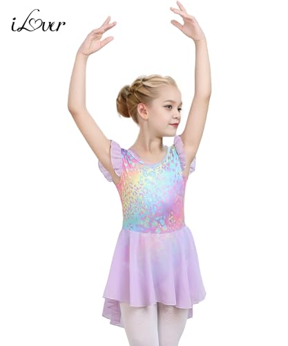 Ruffle Sleeve Tutu Leotard Dress for Girls - Leopard-Purple, 5-6 Years