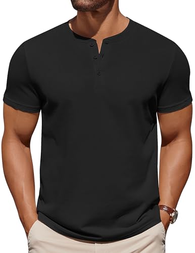 COOFANDY Men's Cotton Henley T-Shirt Short Sleeve Casual Work Top Black XL