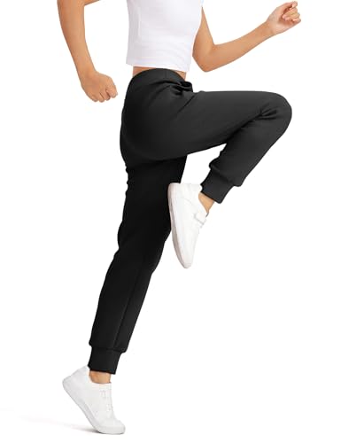 High Waisted Girls Sweatpants - Casual Joggers with Drawstring, Black, 9-10 Years