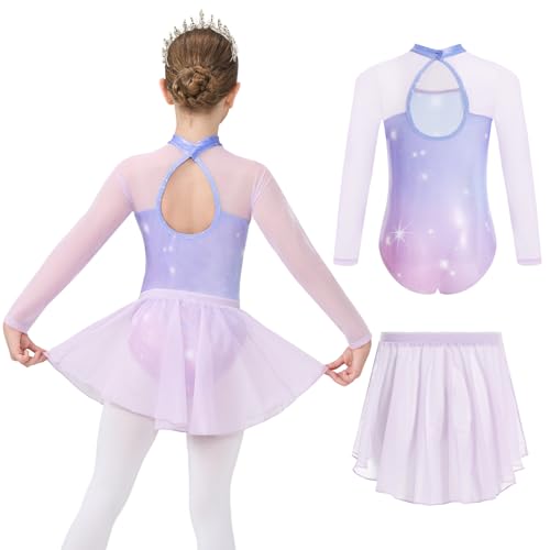 Ballet Leotard for Girls Long Sleeve Lace Dance Dress - Purple Mesh, 5-6 Years