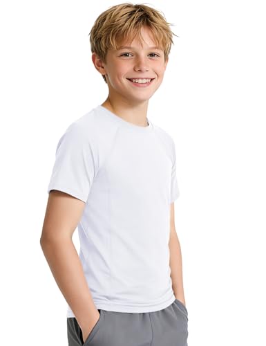 Boys Compression Shirt - Athletic Football Short Sleeve, 9-10 Years - White