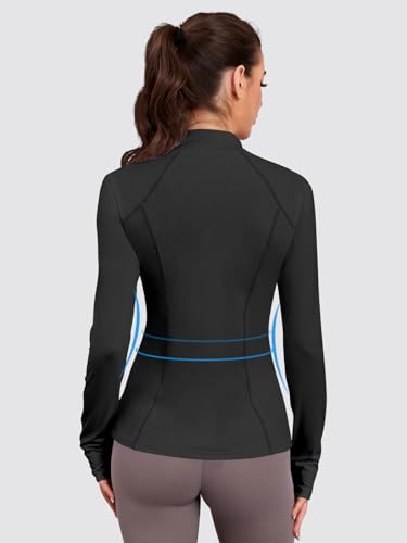 Women’s Fitted Athletic Jacket - Black Small | Zip Up Track Coat with Thumb Holes & Pockets