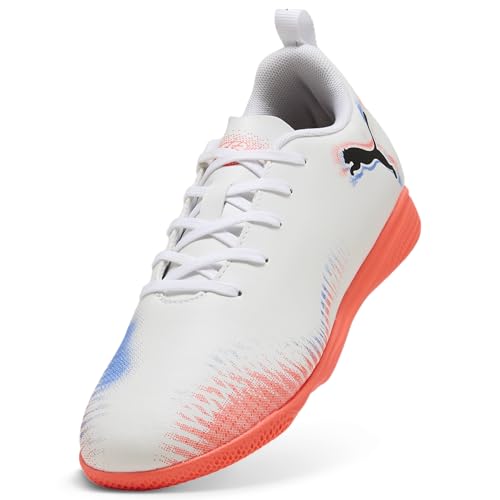 PUMA Kids' Future Play Indoor Soccer Shoes – 5 Big Kid White/Black/Glowing Red Ah25