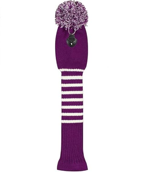 Knit Pom Pom Golf Club Cover - Purple Stripe Driver Protector