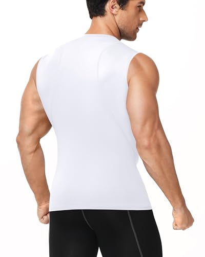 Men's Sleeveless Compression Shirt - Quick Dry Muscle Undershirt - Medium, White