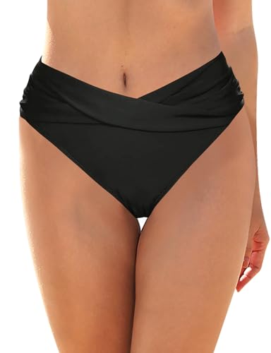 V-Waist Crossover Bikini Bottoms for Women - Mid Rise - Black, Large