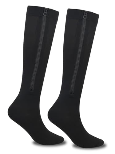 Compression Socks with Zipper - 15-20mmHg Closed Toe - Black, Large