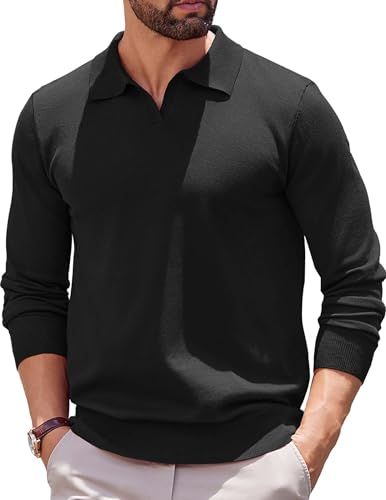 Men's Black Large Long Sleeve Polo Shirt Knit Sweater COOFANDY