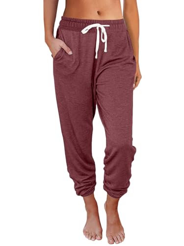 AUTOMET Women's High Waisted Lounge Sweatpants Jogger Pants with Pockets - Large Wine Red